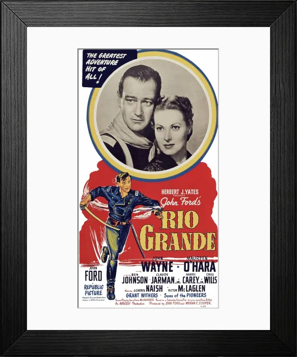 Framed Print : RIO GRANDE, top from left: John Wayne, Maureen O'Hara, bottom: John Wayne on standee, 1950