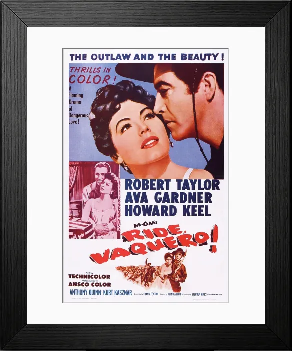 Framed Print : RIDE, VAQUERO!, US poster, top from left: Ava Gardner, Robert Taylor, left from left: Howard Keel, Ava Gardner, 1953