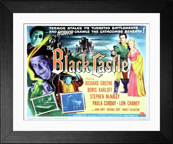 Framed Print : THE BLACK CASTLE, Boris Karloff, Lon Chaney Jr. Rita Corday (aka Paula Corday), Richard Greene, 1952 Framed Print : THE BLACK CASTLE, Boris Karloff, Lon Chaney Jr. Rita Corday (aka Paula Corday), Richard Greene, 1952