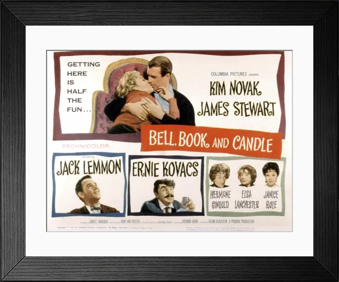 Framed Print : BELL, BOOK AND CANDLE, (top) Kim Novak, James Stewart, (bottom) Jack Lemmon, Ernie Kovacs, Hermione Gingold, Elsa Lanchester, Janice Rule, 1958 Framed Print : BELL, BOOK AND CANDLE, (top) Kim Novak, James Stewart, (bottom) Jack Lemmon, Ernie Kovacs, Hermione Gingold, Elsa Lanchester, Janice Rule, 1958