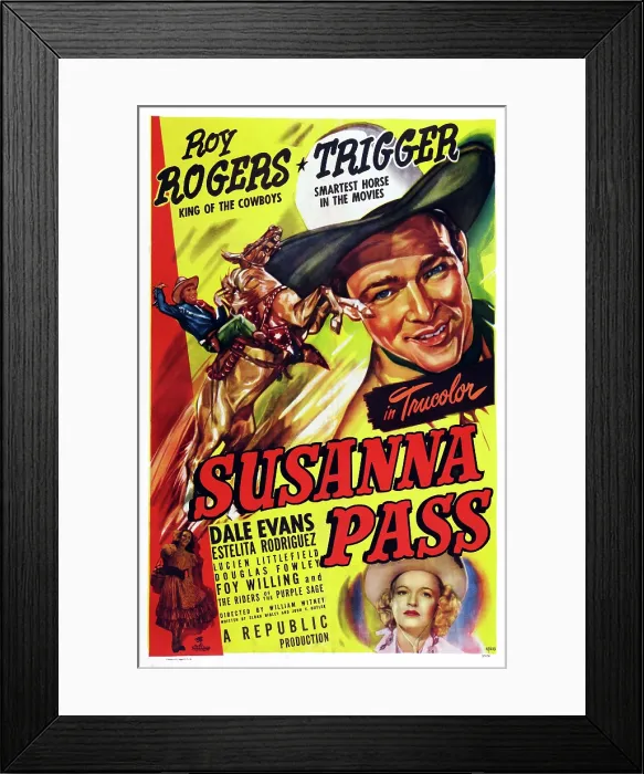 Framed Print : SUSANNA PASS, US poster art, top: Roy Rogers, Trigger the Horse; bottom from left: Estelita Rodriguez, Dale Evans, 1949 Framed Print : SUSANNA PASS, US poster art, top: Roy Rogers, Trigger the Horse; bottom from left: Estelita Rodriguez, Dale Evans, 1949