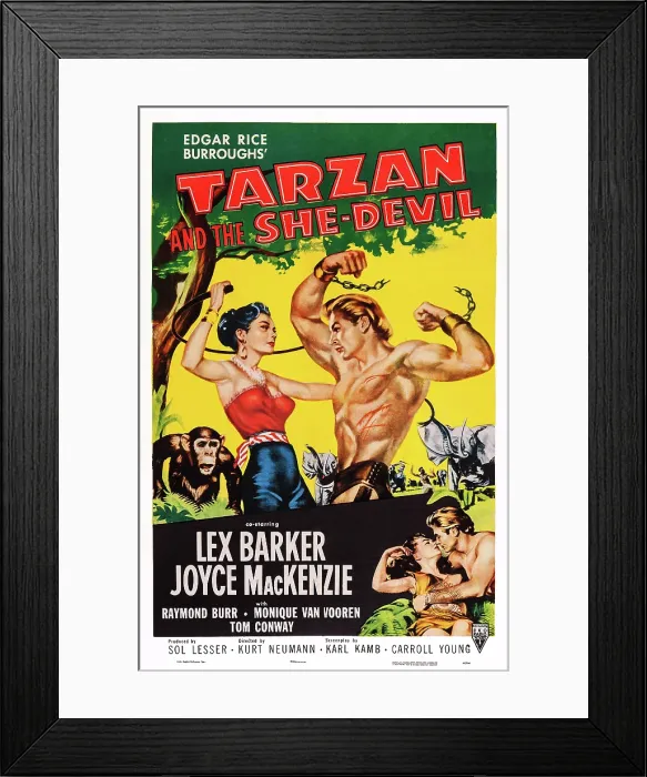 Framed Print : TARZAN AND THE SHE-DEVIL, US poster art, Monique van Vooren, Lex Barker, Joyce Mackenzie, 1953 Framed Print : TARZAN AND THE SHE-DEVIL, US poster art, Monique van Vooren, Lex Barker, Joyce Mackenzie, 1953