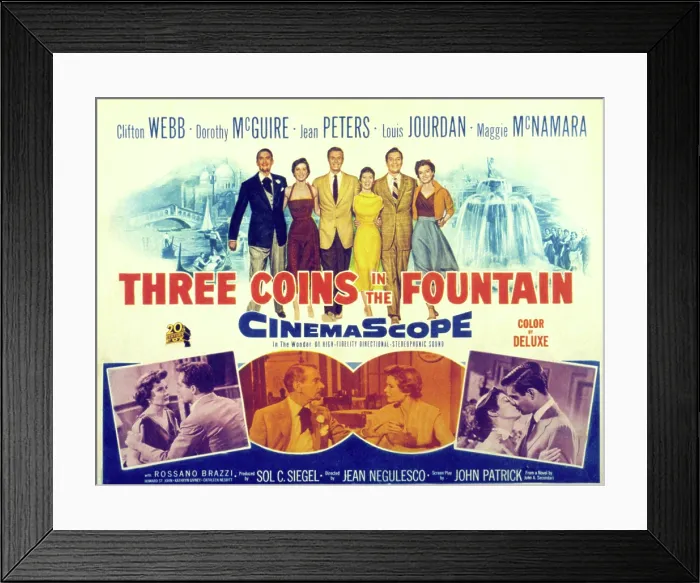 Framed Print : THREE COINS IN THE FOUNTAIN, Clifton Webb, Dorothy McGuire, Louis Jourdan, Maggie McNamara, Rossano Brazzi, Jean Peters, 1954, TM and Copyright (c) 20th Century-Fox Film Corp