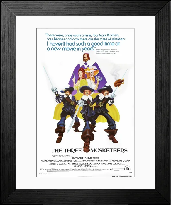 Framed Print : THE THREE MUSKETEERS, US poster art, from bottom left: Oliver Reed, Michael York, Richard Chamberlain, Raquel Welch, Faye Dunaway, Charlton Heston, 1973 Framed Print : THE THREE MUSKETEERS, US poster art, from bottom left: Oliver Reed, Michael York, Richard Chamberlain, Raquel Welch, Faye Dunaway, Charlton Heston, 1973