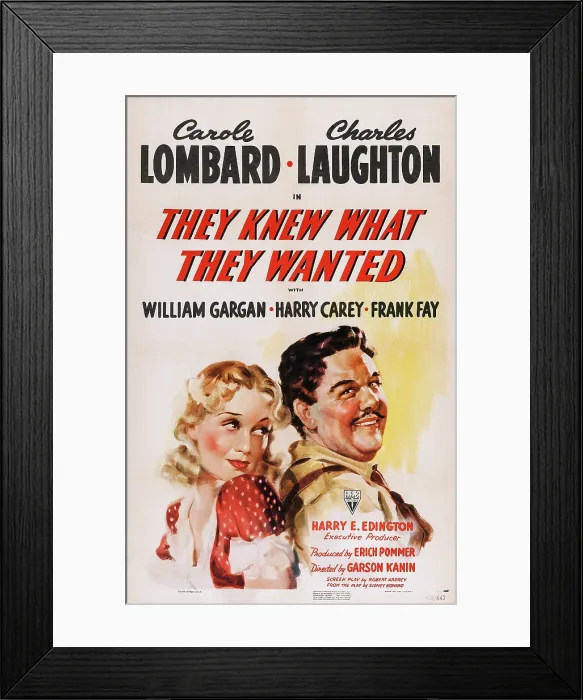 Framed Print : THEY KNEW WHAT THEY WANTED, US poster art, from left: Carole Lombard, Charles Laughton, 1940