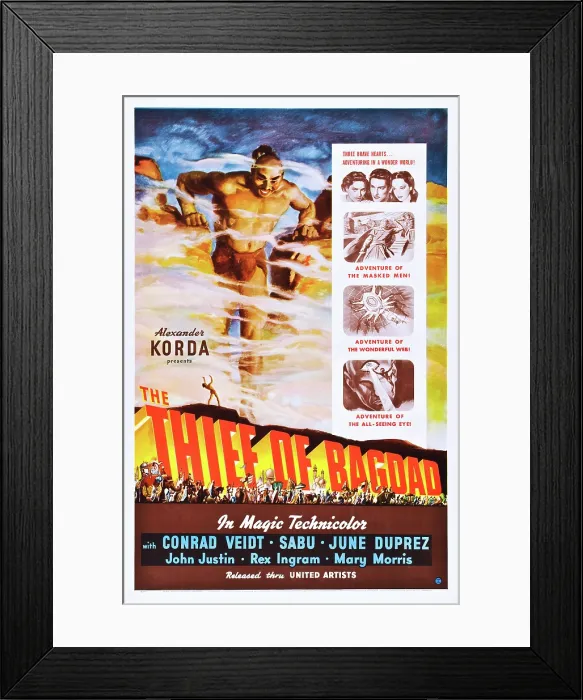 Framed Print : THE THIEF OF BAGDAD, poster art, Rex Ingram; top insert: Sabu, John Justin, June Duprez, 1940