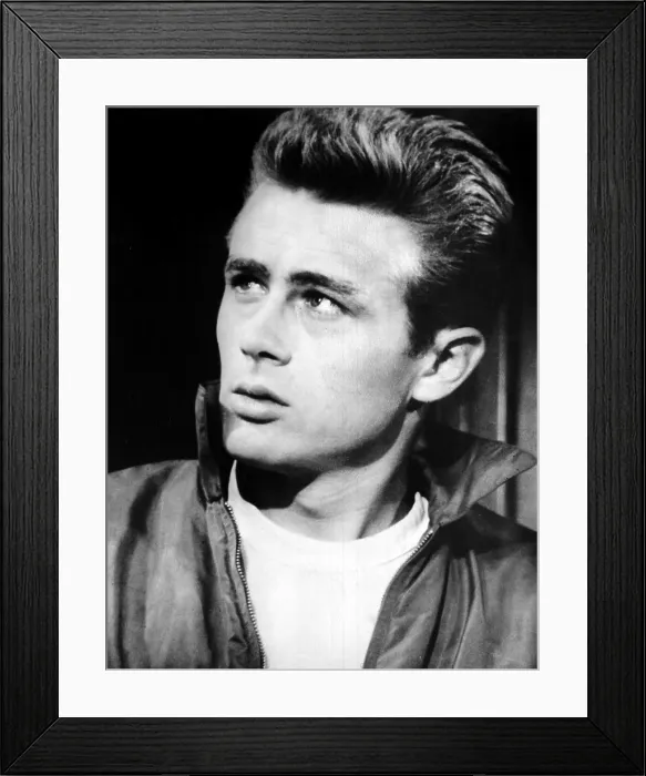 Framed Print : REBEL WITHOUT A CAUSE, James Dean in t-shirt and leather jacket, 1955
