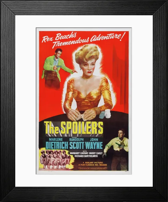 Framed Print : THE SPOILERS, US poster art, from top left: John Wayne, Marlene Dietrich, Randolph Scott, 1942