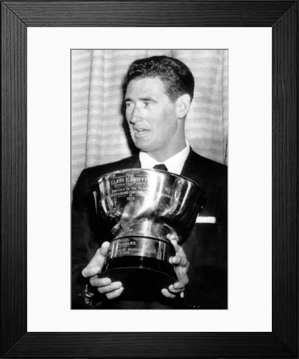 Framed Print : Ted Williams, Boston Red Sox, with his Clark Griffith Memorial Trophy for contribution to baseball. Touchdown Club, Washington, DC. January 7, 1956