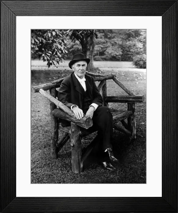Framed Print : Thomas Edison sits on a bench on his Llewellyn Park, New Jersey estate, February 15, 1914. Courtesy CSU Archives / Everett Collection Framed Print : Thomas Edison sits on a bench on his Llewellyn Park, New Jersey estate, February 15, 1914. Courtesy CSU Archives / Everett Collection