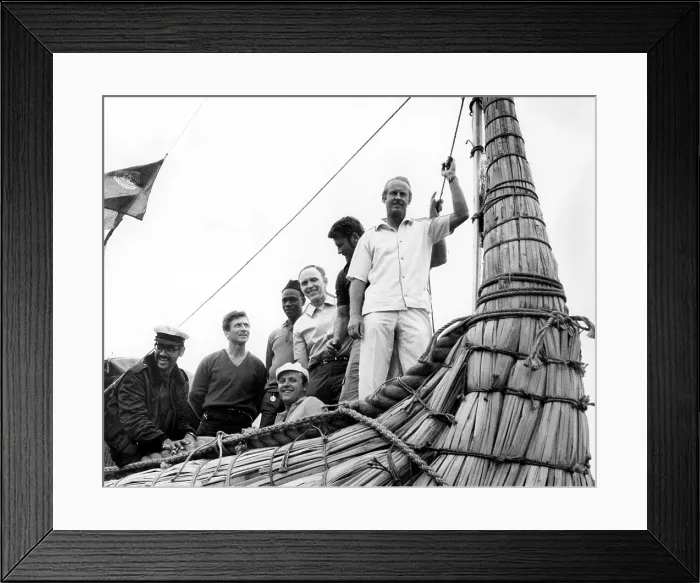 Framed Print : THOR HEYERDAHL and crew on 'Ra' before setting across Atlantic ocean, 05 / 22 / 69. Ship constructed of Papyrus reeds.. Courtesy: CSU Archives / Everett Collection Framed Print : THOR HEYERDAHL and crew on 'Ra' before setting across Atlantic ocean, 05 / 22 / 69. Ship constructed of Papyrus reeds.. Courtesy: CSU Archives / Everett Collection