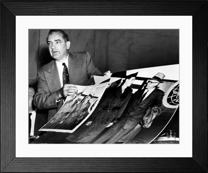 Framed Print : EV1816 - Senator Joseph McCarthy showing a cropped photo that he claims is 'evidence' of American Communist infiltration at a Senate investigation, c. 1954 Framed Print : EV1816 - Senator Joseph McCarthy showing a cropped photo that he claims is 'evidence' of American Communist infiltration at a Senate investigation, c. 1954