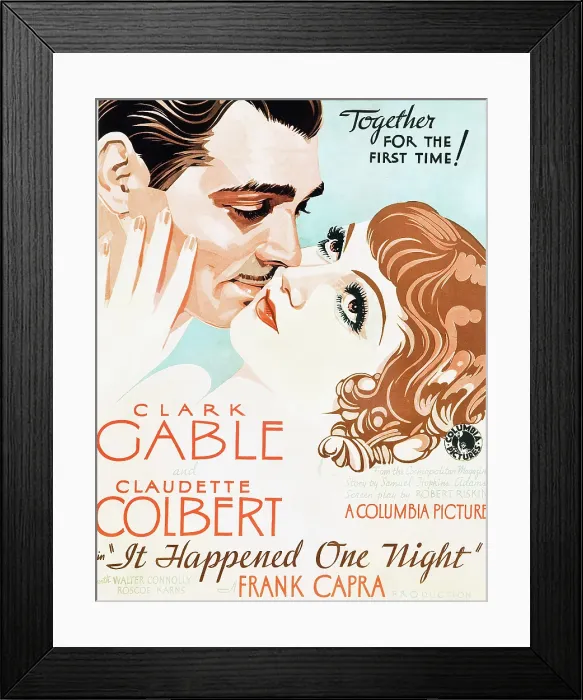 Framed Print : IT HAPPENED ONE NIGHT, Clark Gable, Claudette Colbert on window card, 1934