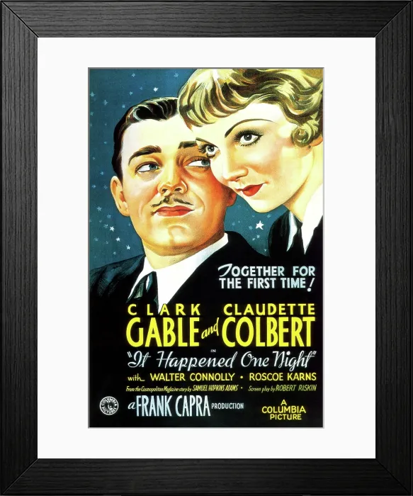 Framed Print : IT HAPPENED ONE NIGHT, Clark Gable, Claudette Colbert on a Style B one-sheet poster, 1934 Framed Print : IT HAPPENED ONE NIGHT, Clark Gable, Claudette Colbert on a Style B one-sheet poster, 1934