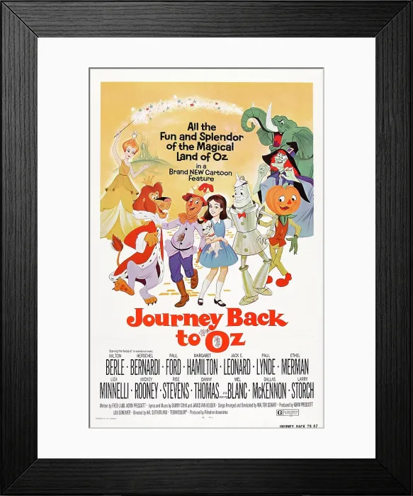 Framed Print : JOURNEY BACK TO OZ, US poster art, from left: Glinda, the Good Witch, the Cowardly Lion, the Scarecrow, Toto the dog, Dorothy, the Tin Man, Pumpkinhead, Mombi, the Bad Witch, 1974 Framed Print : JOURNEY BACK TO OZ, US poster art, from left: Glinda, the Good Witch, the Cowardly Lion, the Scarecrow, Toto the dog, Dorothy, the Tin Man, Pumpkinhead, Mombi, the Bad Witch, 1974