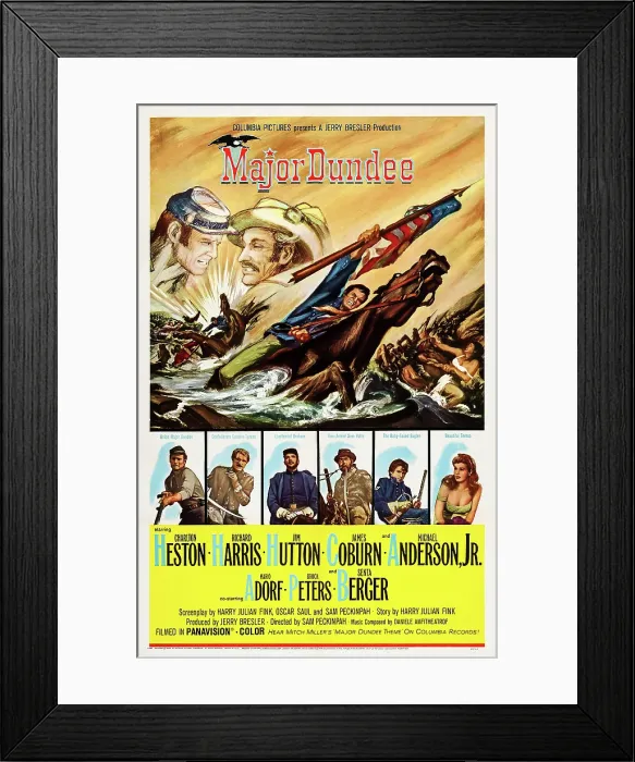 Framed Print : MAJOR DUNDEE, top from left: Charlton Heston, Richard Harris, bottom from left: Charlton Heston, Richard Harris, Jim Hutton, James Coburn, Michael Anderson Jr. Senta Berger, 1965