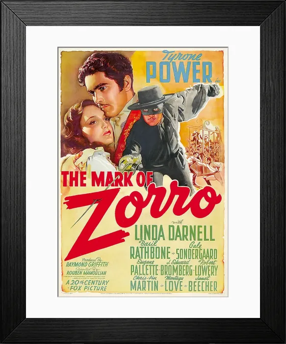 Framed Print : THE MARK OF ZORRO (aka LA MARCA DEL ZORRO), from left: Linda Darnell, Tyrone Power on Argentinian poster art, 1940, TM and Copyright 20th Century Fox Film Corp