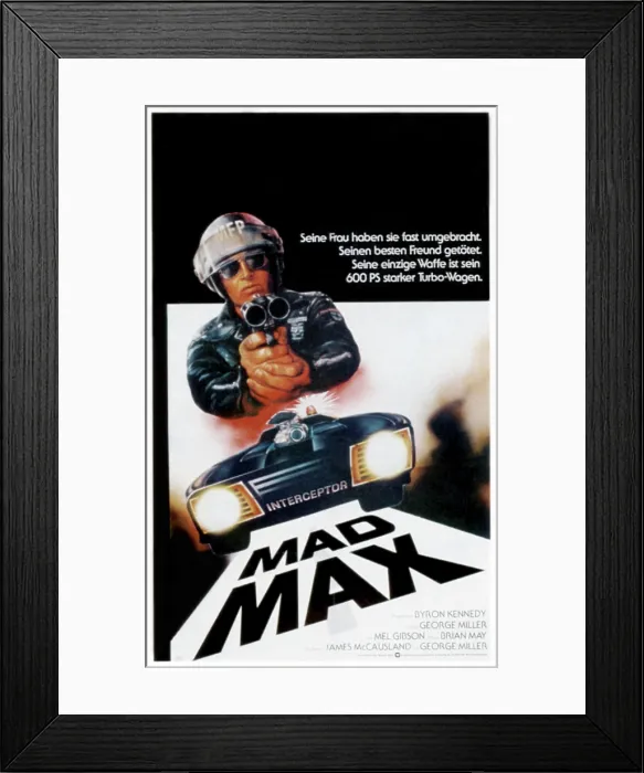 Framed Print : MAD MAX, top: Mel Gibson on German poster art, 1979 Framed Print : MAD MAX, top: Mel Gibson on German poster art, 1979