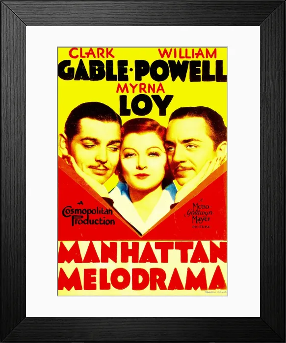 Framed Print : MANHATTAN MELODRAMA, from left: Clark Gable, Myrna Loy, William Powell on midget window card, 1934