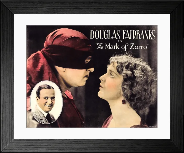 Framed Print : THE MARK OF ZORRO, inset and left: Douglas Fairbanks, right: Marguerite de la Motte on lobbycard, 1920 Framed Print : THE MARK OF ZORRO, inset and left: Douglas Fairbanks, right: Marguerite de la Motte on lobbycard, 1920