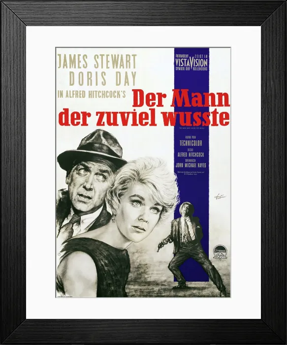 Framed Print : THE MAN WHO KNEW TOO MUCH, (aka DER MANN DER ZUVIEL WUSSTE), from left: James Stewart, Doris Day on German poster art, 1956 Framed Print : THE MAN WHO KNEW TOO MUCH, (aka DER MANN DER ZUVIEL WUSSTE), from left: James Stewart, Doris Day on German poster art, 1956