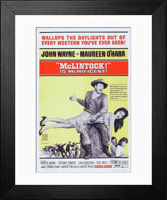Framed Print : MCLINTOCK!, US poster art, John Wayne, Maureen O'Hara, Patrick Wayne, Stefanie Powers, 1963