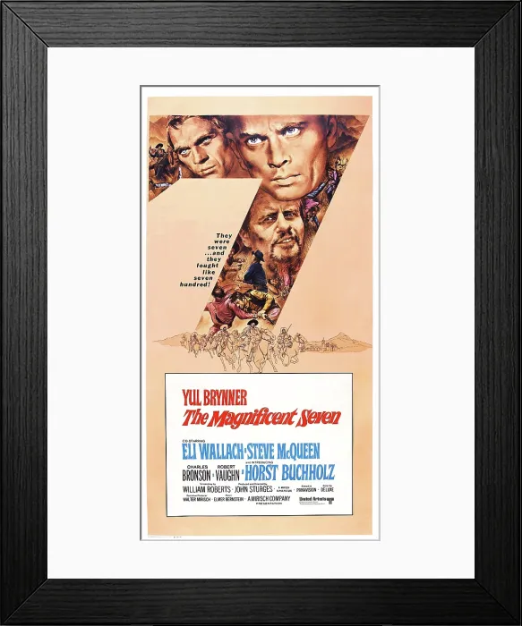 Framed Print : THE MAGNIFICENT SEVEN, Us poster art, from left: Steve McQueen, James Coburn, Horst Buchholz, Yul Brynner, Eli Wallach, 1960