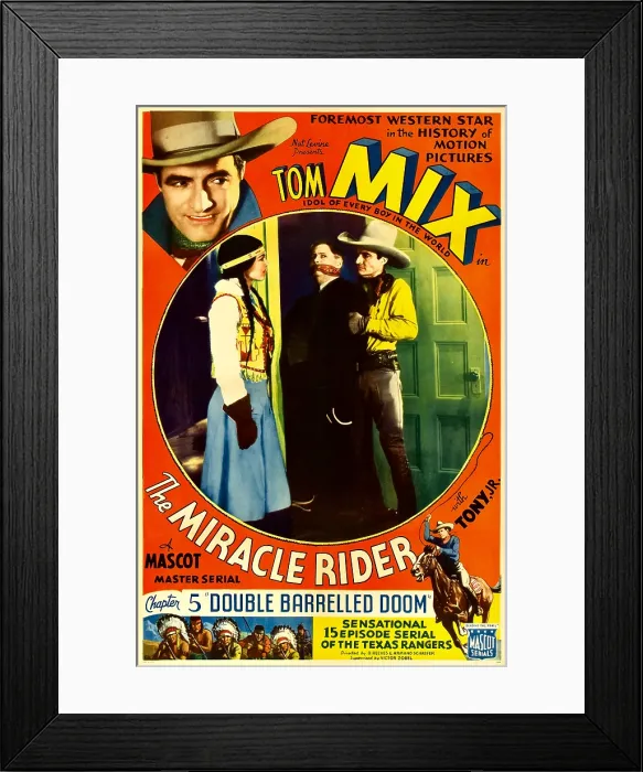 Framed Print : THE MIRACLE RIDER, top right and center right: Tom Mix in Chapter 5: Double Barrelled Doom, 1935