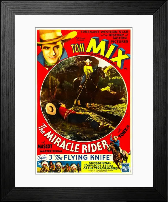 Framed Print : THE MIRACLE RIDER, top left and bottom center: Tom Mix in Chapter 3: The Flying Knife, 1935