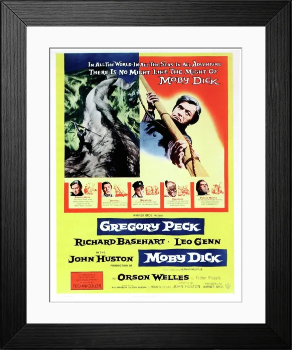 Framed Print : MOBY DICK, top right: Gregory Peck, bottom l-r: Gregory Peck, Richard Basehart, Leo Genn, Friedrich von Ledebur, Orson Welles on poster art, 1956