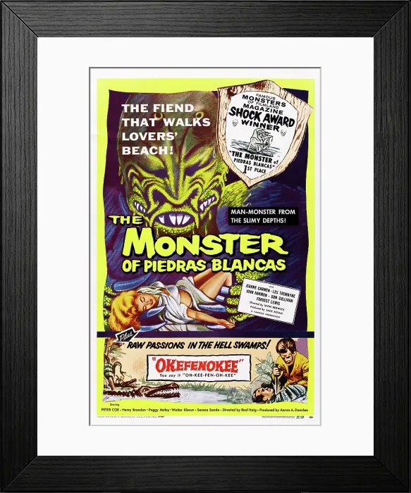 Framed Print : THE MONSTER OF PIEDRAS BLANCAS, double bill poster with OKEFENOKEE, Jeanne Carmen (center), 1959