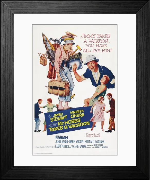 Framed Print : MR. HOBBS TAKES A VACATION, US poster art, left to right: James Stewart, Maureen O'Hara, caricature of James Stewart, James Stewart, Maureen O'Hara, Marie Wilson, Fabian Framed Print : MR. HOBBS TAKES A VACATION, US poster art, left to right: James Stewart, Maureen O'Hara, caricature of James Stewart, James Stewart, Maureen O'Hara, Marie Wilson, Fabian