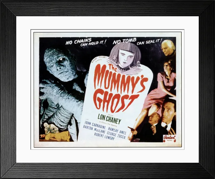 Framed Print : THE MUMMY'S GHOST, left: Lon Chaney Jr. right 2nd from top: Ramsay Ames, John Carradine, Oscar O'Shea, 1944