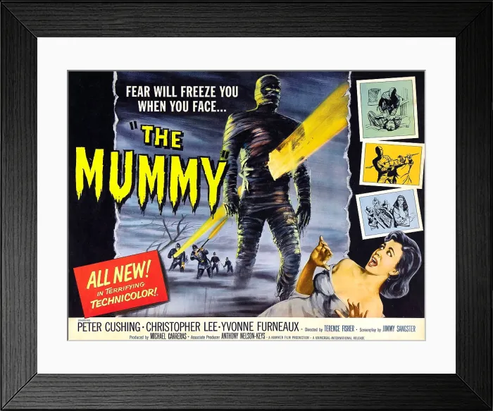 Framed Print : THE MUMMY, as the Mummy': Christopher Lee; lower right: Yvonne Furneaux on Hammer horror classic poster art, 1959