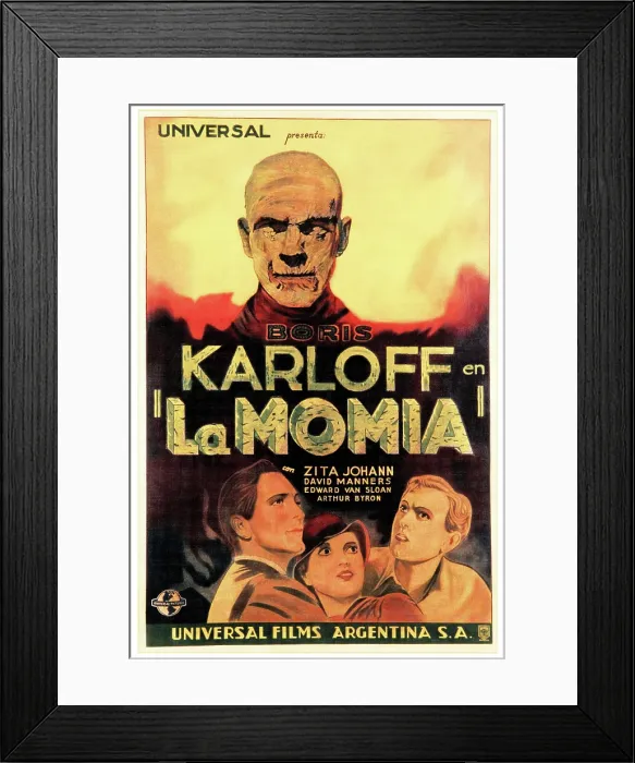 Framed Print : THE MUMMY (aka LA MOMIA), top: Boris Karloff, bottom from left: David Manners, Zita Johann, Bramwell Fletcher on Argentinian poster art, 1932 Framed Print : THE MUMMY (aka LA MOMIA), top: Boris Karloff, bottom from left: David Manners, Zita Johann, Bramwell Fletcher on Argentinian poster art, 1932