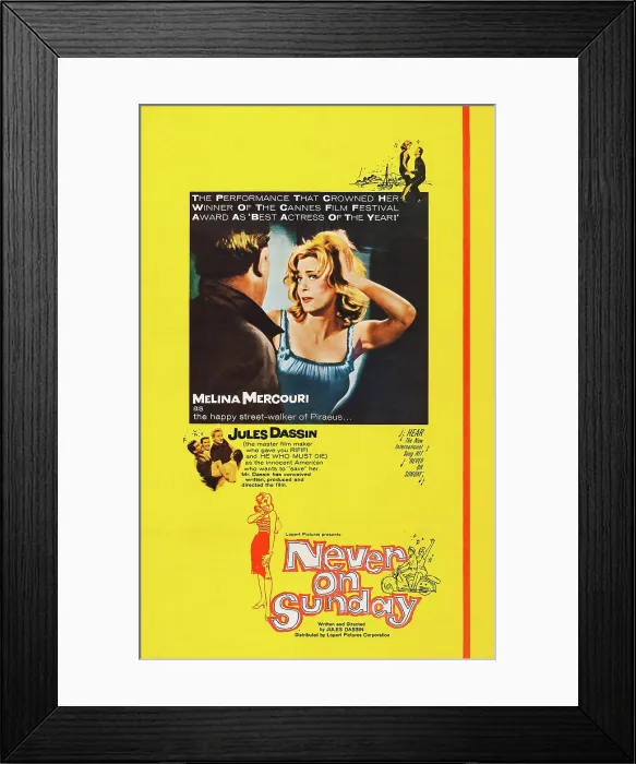 Framed Print : NEVER ON SUNDAY, US poster art, Melina Mercouri, 1960 Framed Print : NEVER ON SUNDAY, US poster art, Melina Mercouri, 1960