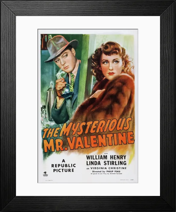 Framed Print : THE MYSTERIOUS MR. VALENTINE, US poster art, from left: William Henry, Linda Stirling, 1946 Framed Print : THE MYSTERIOUS MR. VALENTINE, US poster art, from left: William Henry, Linda Stirling, 1946