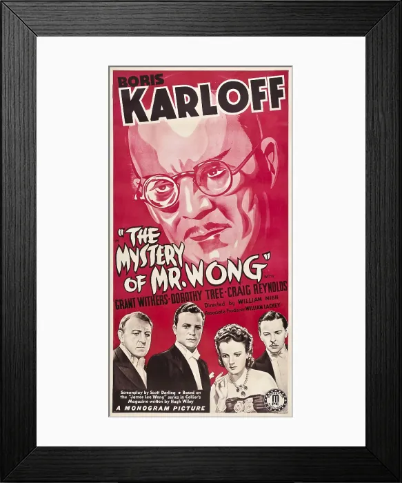 Framed Print : THE MYSTERY OF MR. WONG, top: Boris Karloff, bottom from left: Holmes Herbert, Craig Reynolds, Dorothy Tree, Ivan Lebedeff, 1939