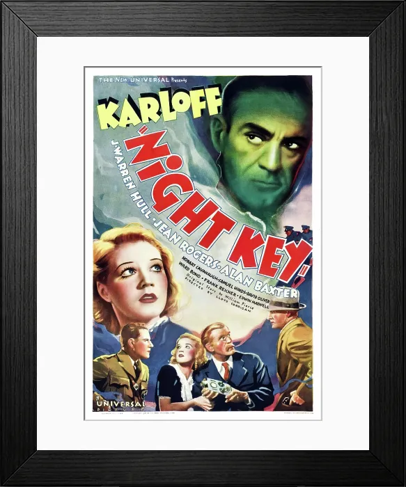 Framed Print : NIGHT KEY, US poster, top right: Boris Karloff, bottom from left: Jean Rogers, Warren Hull, Jean Rogers, 1937