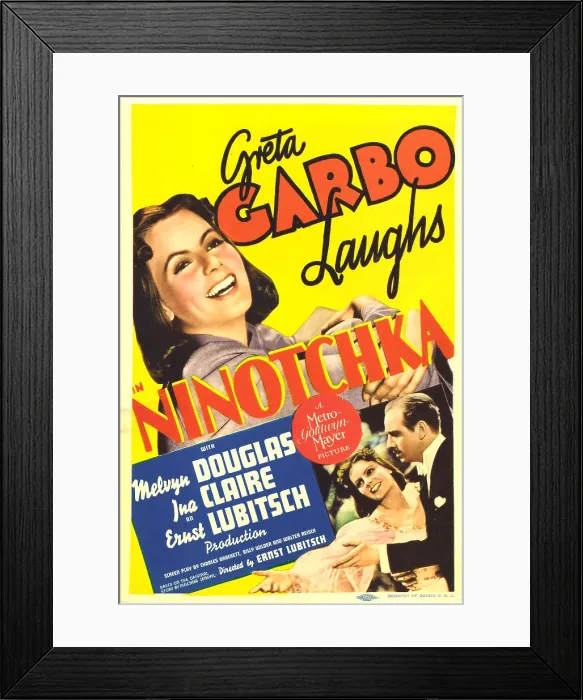 Framed Print : NINOTCHKA, top: Greta Garbo, bottom from left: Greta Garbo, Melvyn Douglas on midget window card, 1939