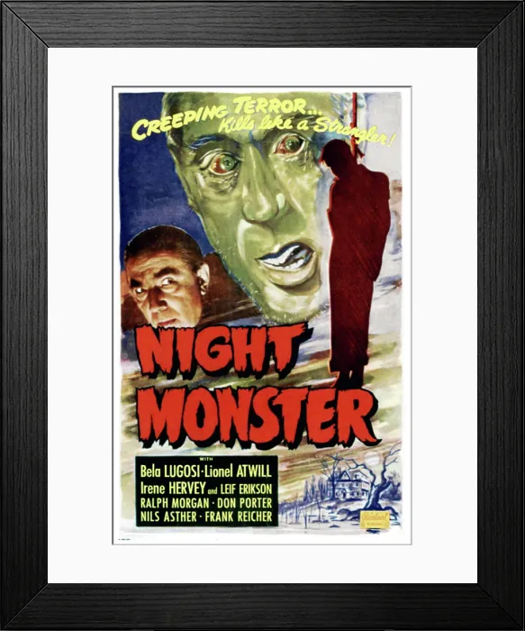 Framed Print : NIGHT MONSTER, left: Bela Lugosi, on 1949 poster art, 1942 Framed Print : NIGHT MONSTER, left: Bela Lugosi, on 1949 poster art, 1942