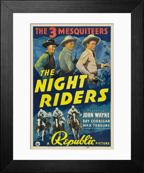 Framed Print : THE NIGHT RIDERS, Max Terhune, Ray Corrigan, John Wayne, movie poster art, 1939 Framed Print : THE NIGHT RIDERS, Max Terhune, Ray Corrigan, John Wayne, movie poster art, 1939