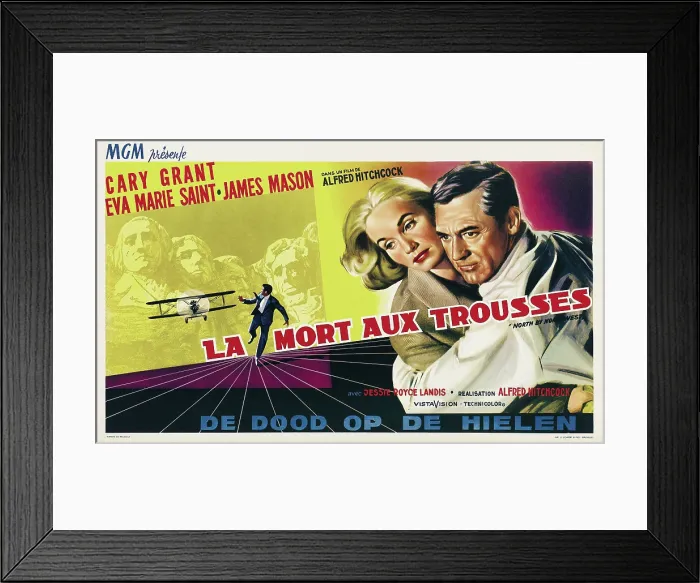 Framed Print : NORTH BY NORTHWEST (aka LA MORT AUX TROUSSES), from left: Eva Marie Saint, Cary Grant on Belgian poster art, 1959 Framed Print : NORTH BY NORTHWEST (aka LA MORT AUX TROUSSES), from left: Eva Marie Saint, Cary Grant on Belgian poster art, 1959