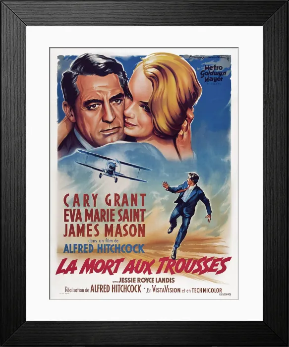 Framed Print : NORTH BY NORTHWEST, (aka LA MORT AUX TROUSSES), top from left: Cary Grant, Eva Marie Saint, bottom: Cary Grant on French poster art, 1959 Framed Print : NORTH BY NORTHWEST, (aka LA MORT AUX TROUSSES), top from left: Cary Grant, Eva Marie Saint, bottom: Cary Grant on French poster art, 1959