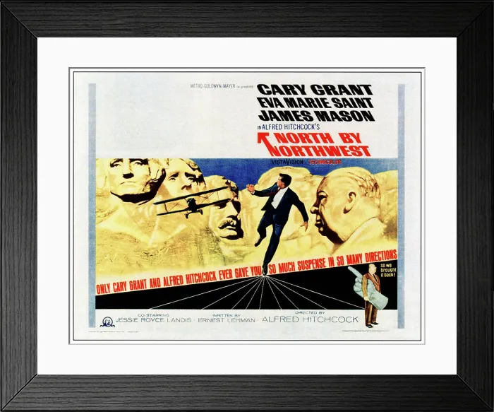 Framed Print : NORTH BY NORTHWEST, from left: George Washington, Thomas Jefferson, Theodore Roosevelt, Cary Grant, Alfred Hitchcock on 1966 poster art, 1959 Framed Print : NORTH BY NORTHWEST, from left: George Washington, Thomas Jefferson, Theodore Roosevelt, Cary Grant, Alfred Hitchcock on 1966 poster art, 1959