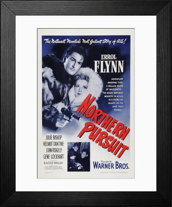 Framed Print : NORTHERN PURSUIT, US poster art, top from left: Errol Flynn, Julie Bishop, 1943