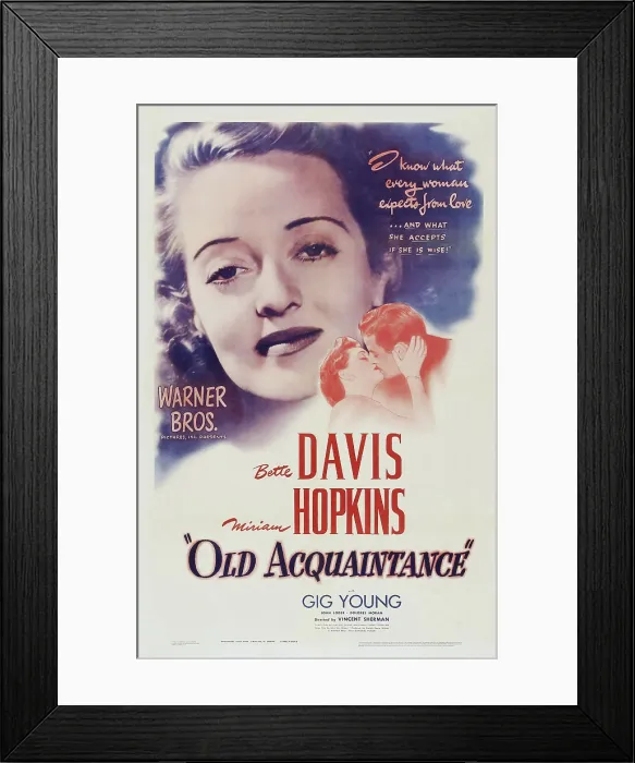 Framed Print : OLD ACQUAINTANCE, US poster art, top: Bette Davis, bottom l-r: Bette Davis, Gig Young on poster art, 1943