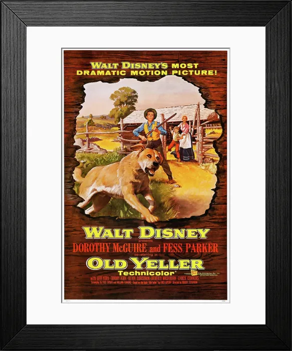 Framed Print : OLD YELLER, from left: Old Yeller, Tommy Kirk, Kevin Corcoran, Dorothy McGuire, 1957