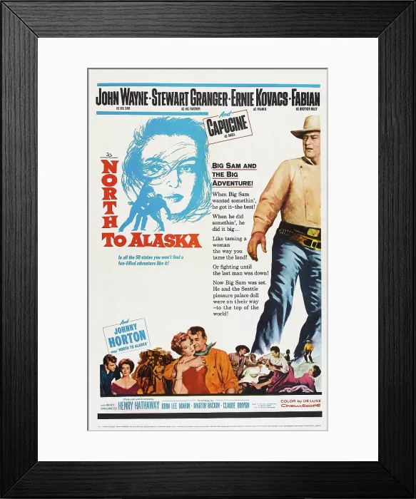 Framed Print : NORTH TO ALASKA, US poster art, top left: Capucine, top right: John Wayne, bottom from left: Fabian, Capucine, Capucine, John Wayne, John Wayne, Capucine, 1960 Framed Print : NORTH TO ALASKA, US poster art, top left: Capucine, top right: John Wayne, bottom from left: Fabian, Capucine, Capucine, John Wayne, John Wayne, Capucine, 1960
