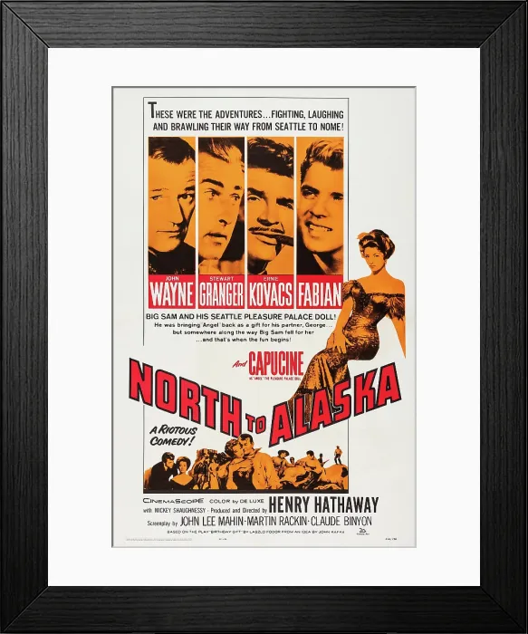 Framed Print : NORTH TO ALASKA, top from left: John Wayne, Stewart Granger, Ernie Kovacs, Fabian, Capucine, bottom from left: Fabian, Capucine, Capucine, John Wayne
